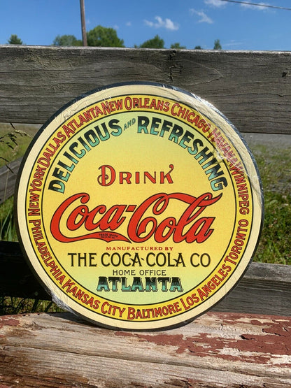 Vintage Coca Cola Sign Tin Metal Soda Pop Bottle Advertising Round Keg Label