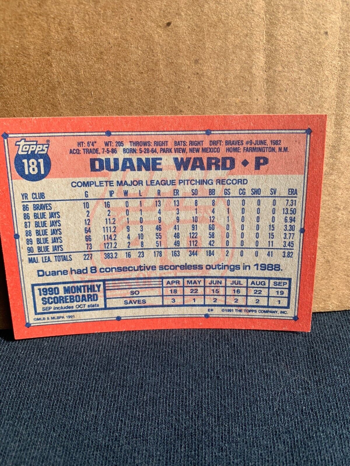 1991 Topps Baseball Card Toronto Blue Jays Duane Ward