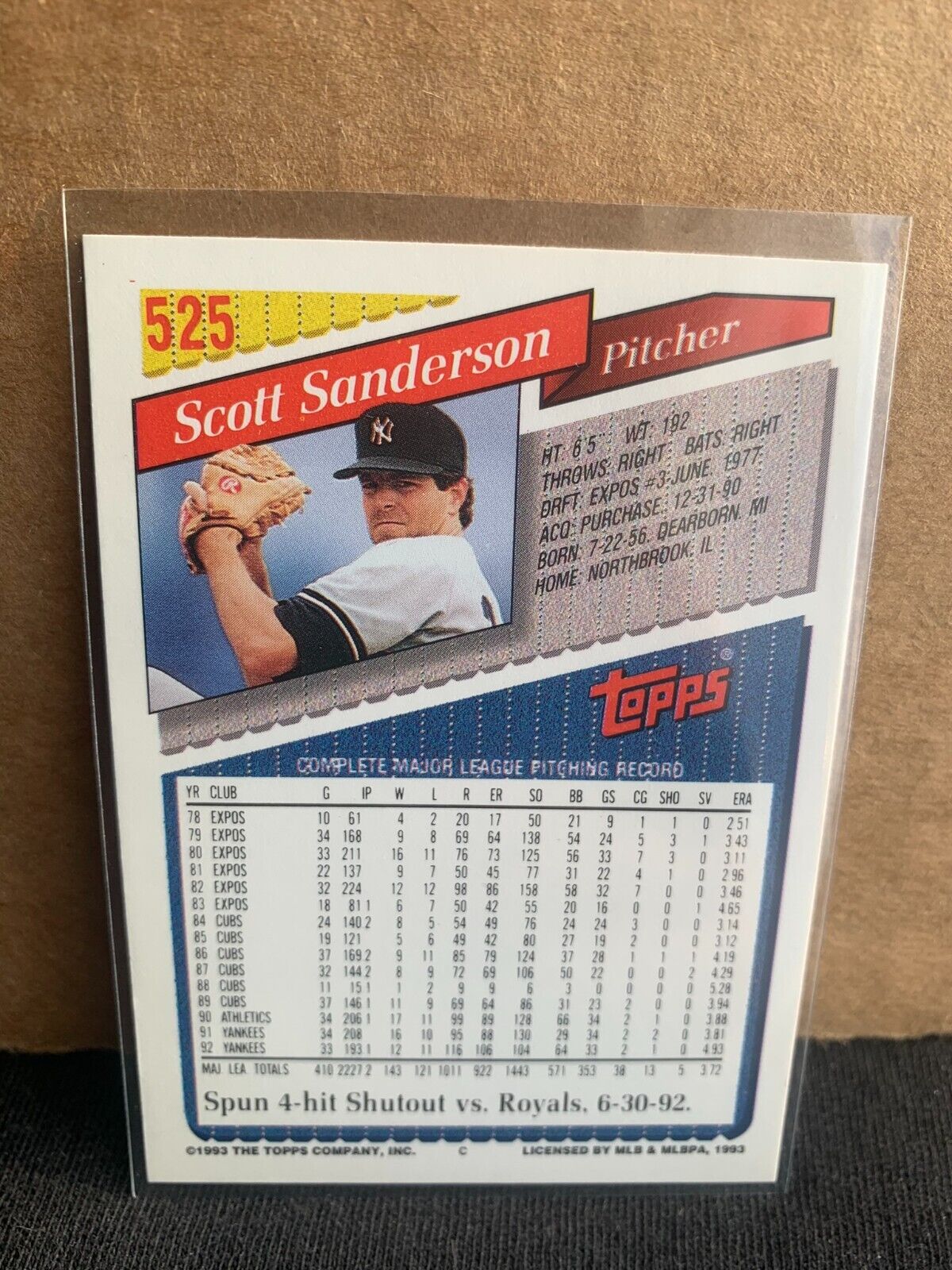 1993 Topps Baseball Card New York Yankees Scott Sanderson