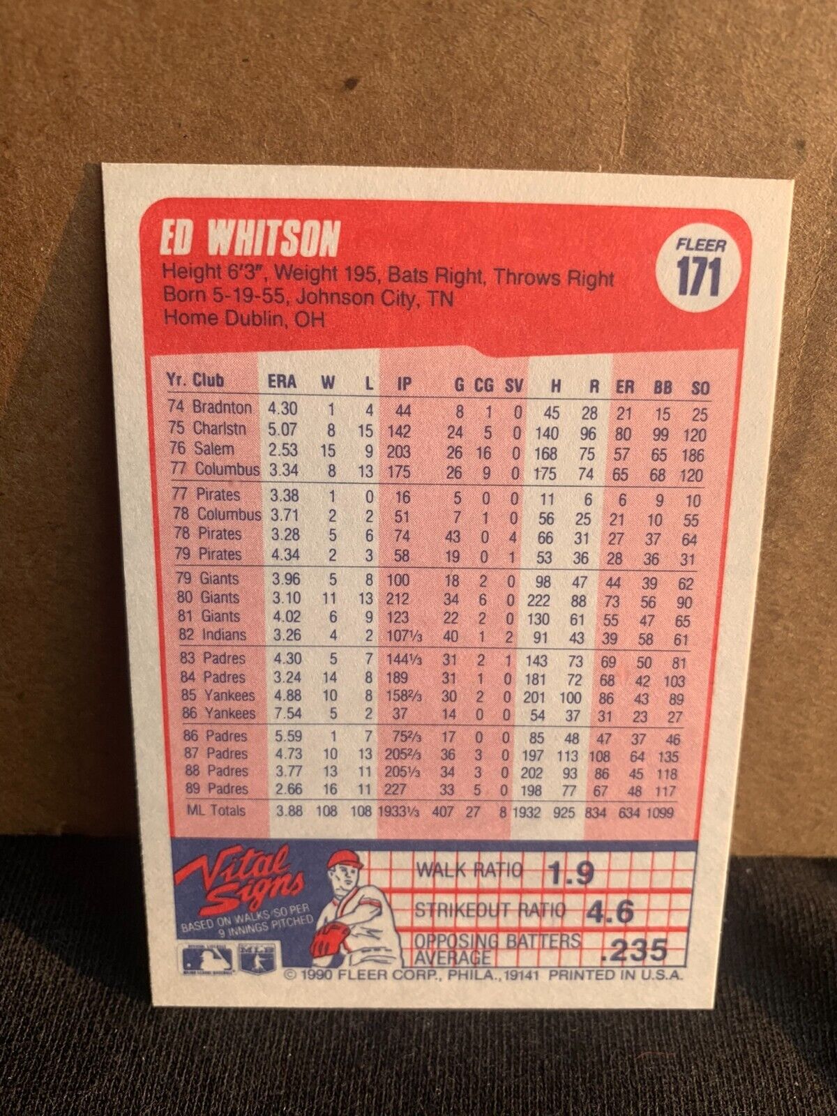 1990 Fleer Baseball Card San Diego Padres Ed Whitson