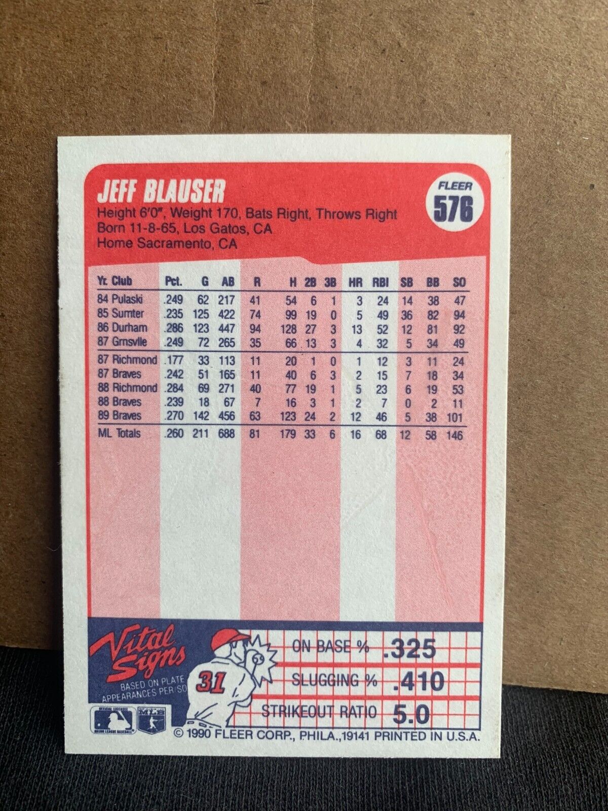 1990 Fleer Baseball Card Atlanta Braves Jeff Blauser