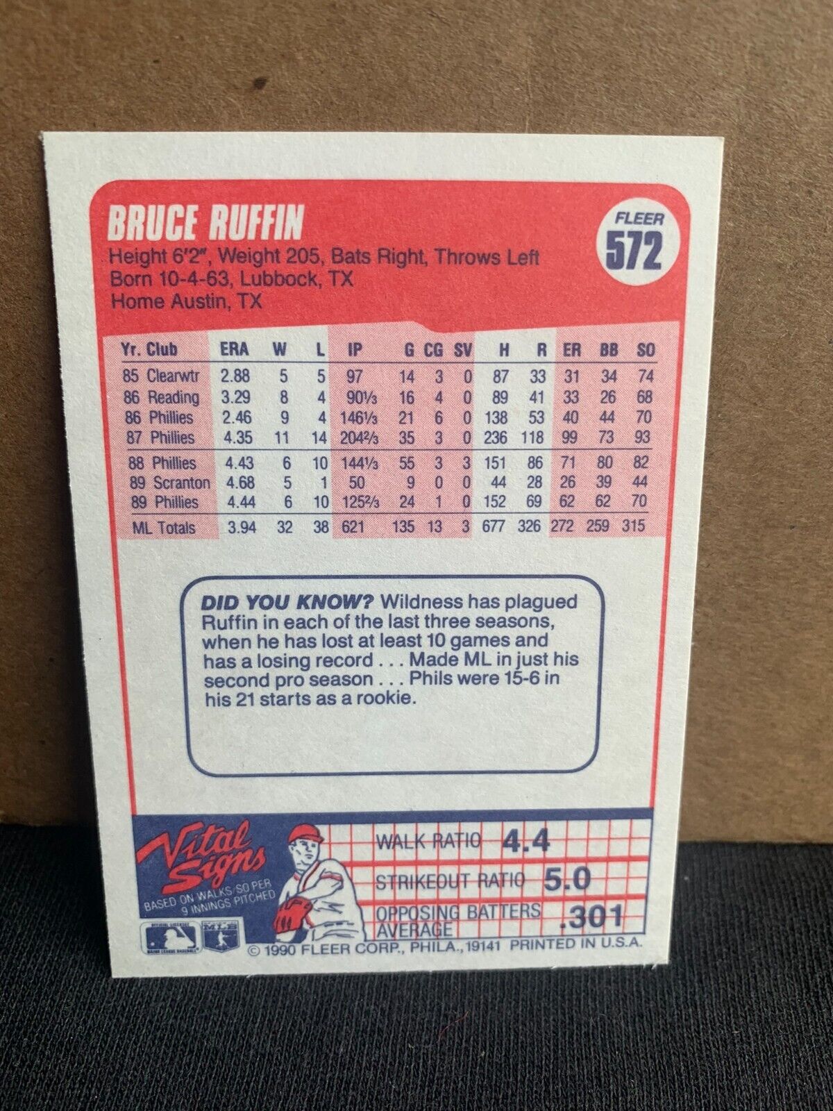 1990 Fleer Baseball Card Philadelphia Phillies Bruce Ruffin