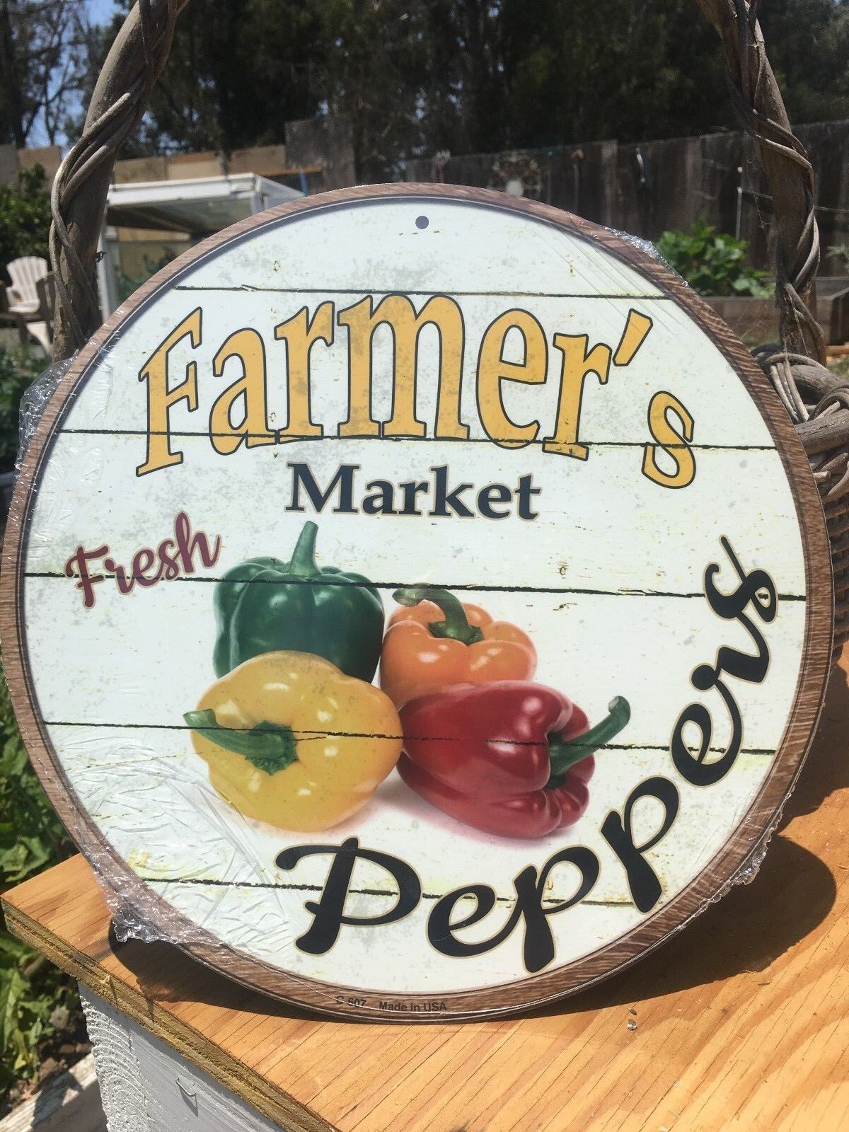 Farmers Market Fresh Peppers Round Sign Tin Vintage Garage Bar Decor Old Rustic