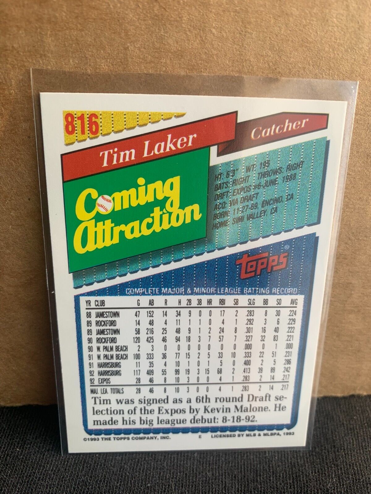 1993 Topps Baseball Card Coming Attraction Tim Laker