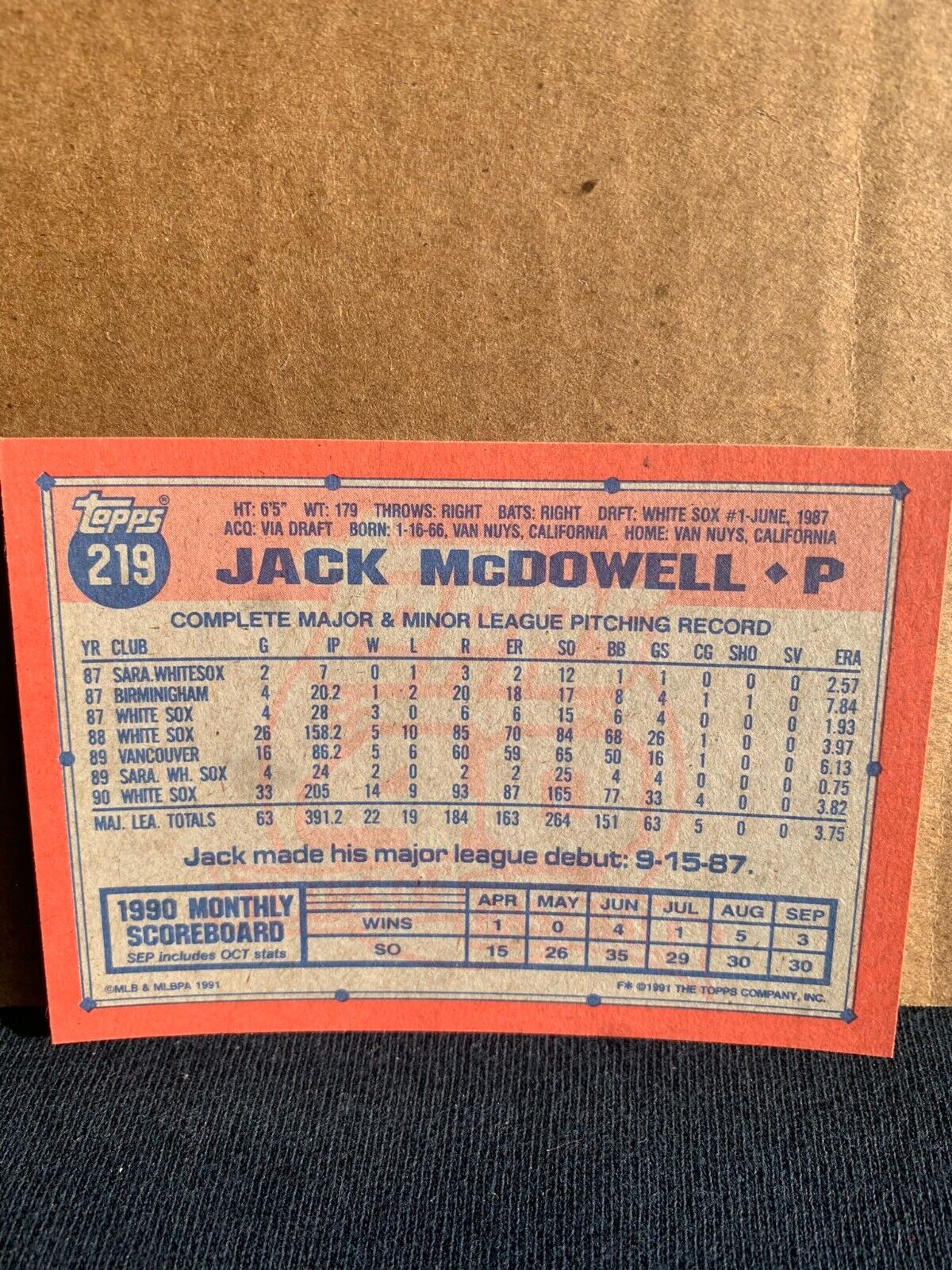 1991 Topps Baseball Card Chicago White Sox Jack McDowell