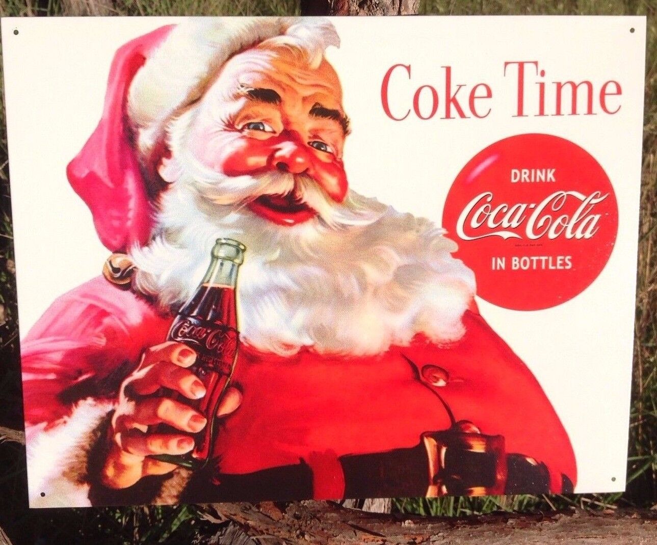 Vintage Coca Cola Sign Tin Metal Soda Pop Bottle Advertising Santa Clause Xmas