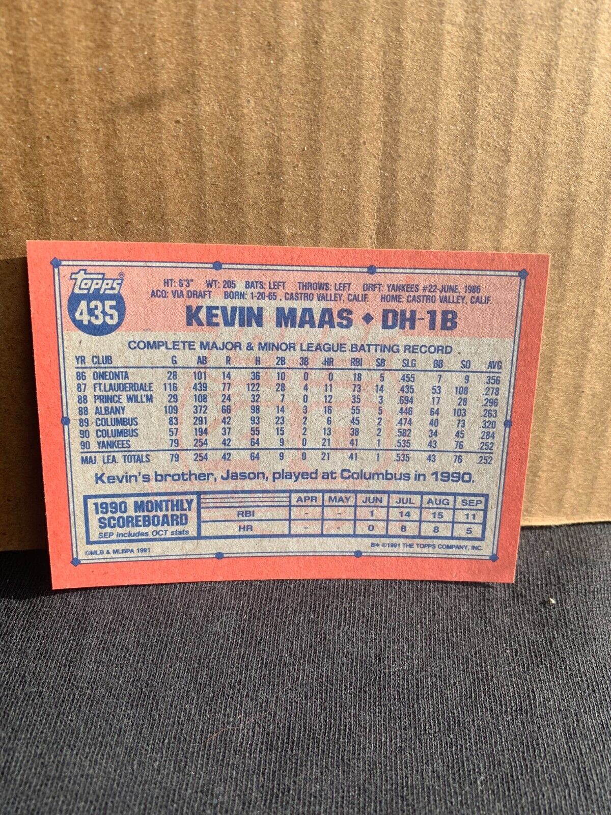 1991 Topps Baseball Card New York Yankees Kevin Maas