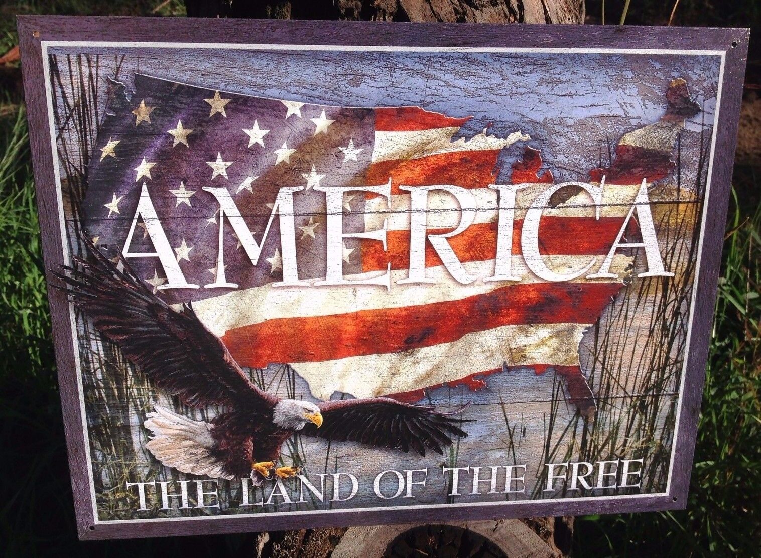 Land of Free American Flag Eagle Patriotic Tin Metal Sign Wall Garage 