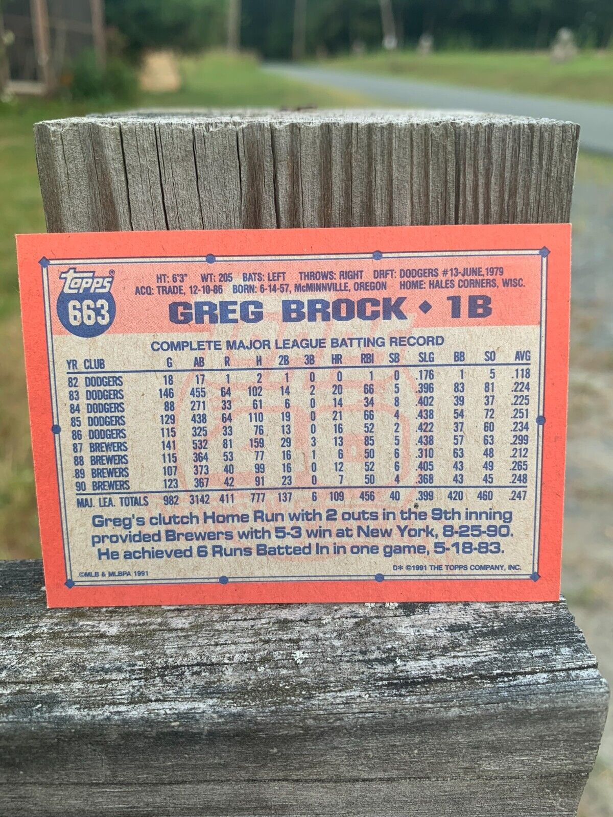 1991 Topps Baseball Card Milwaukee Brewers Greg Brock