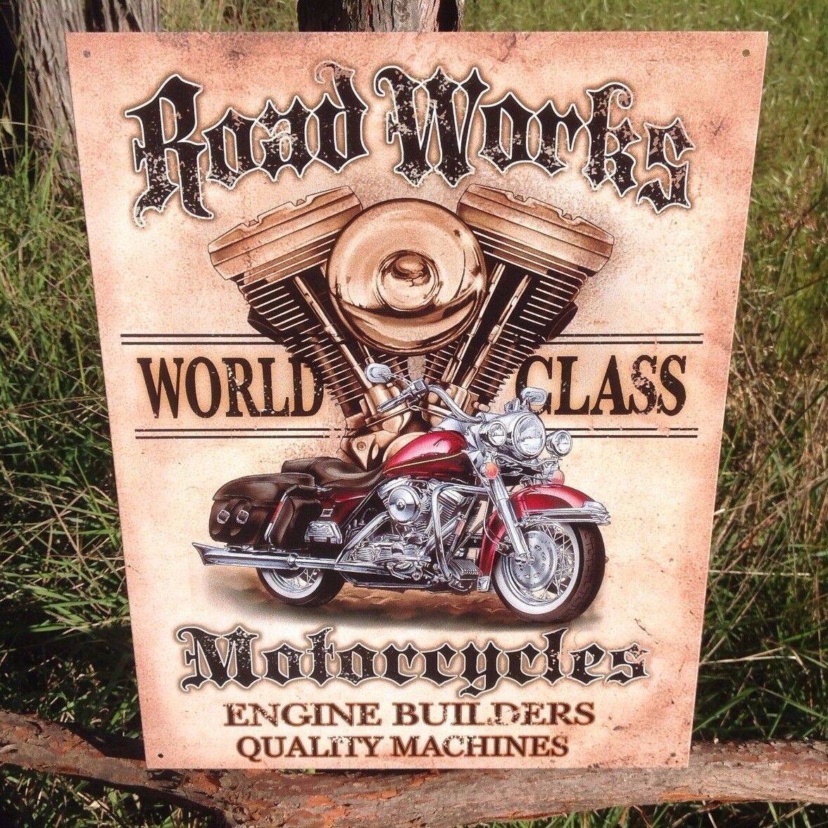 Road Works World Class Motorcycles Vintage Sign Tin Metal Wall Garage Rustic