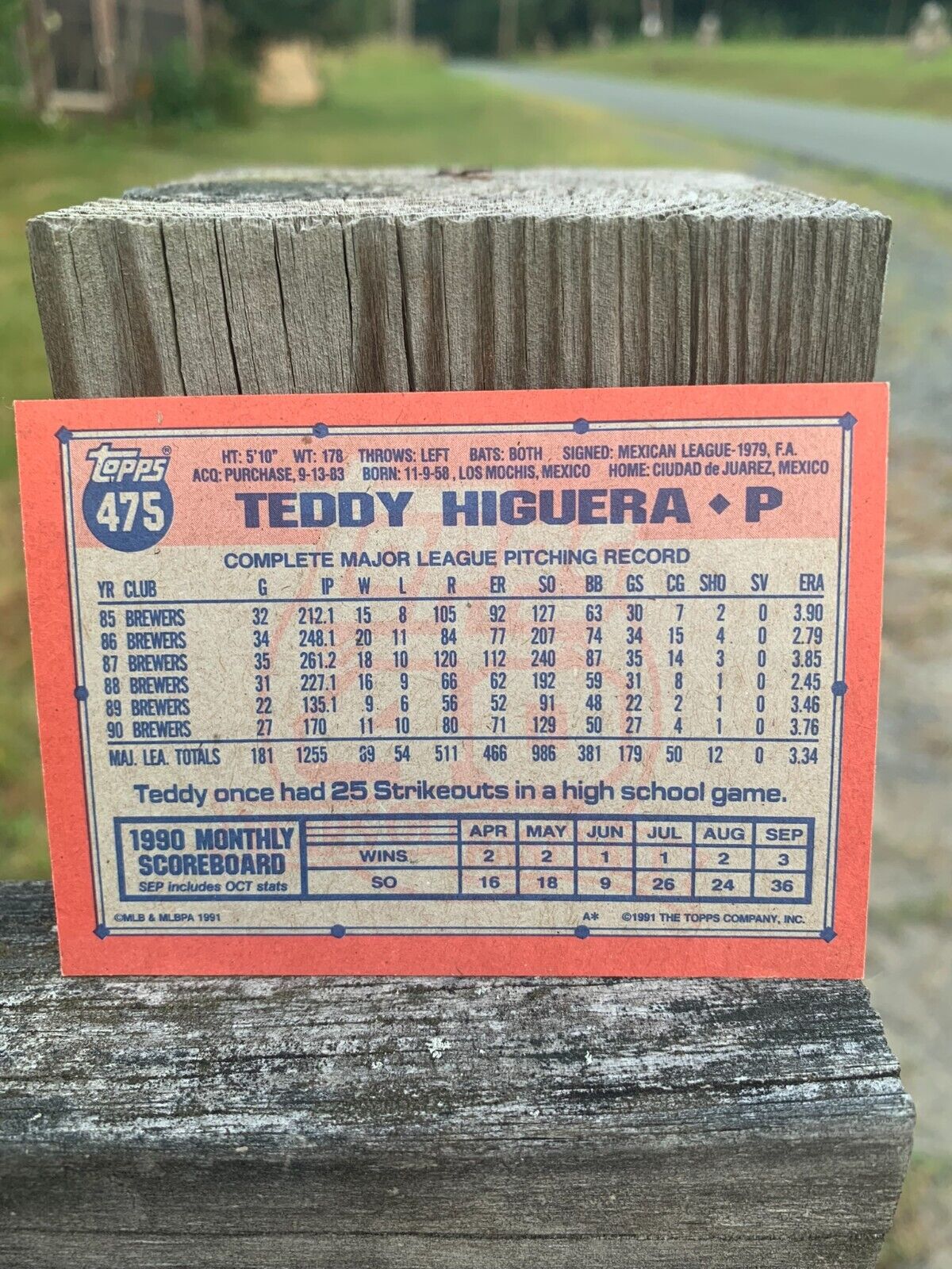 1991 Topps Baseball Card Milwaukee Brewers Teddy Higuera