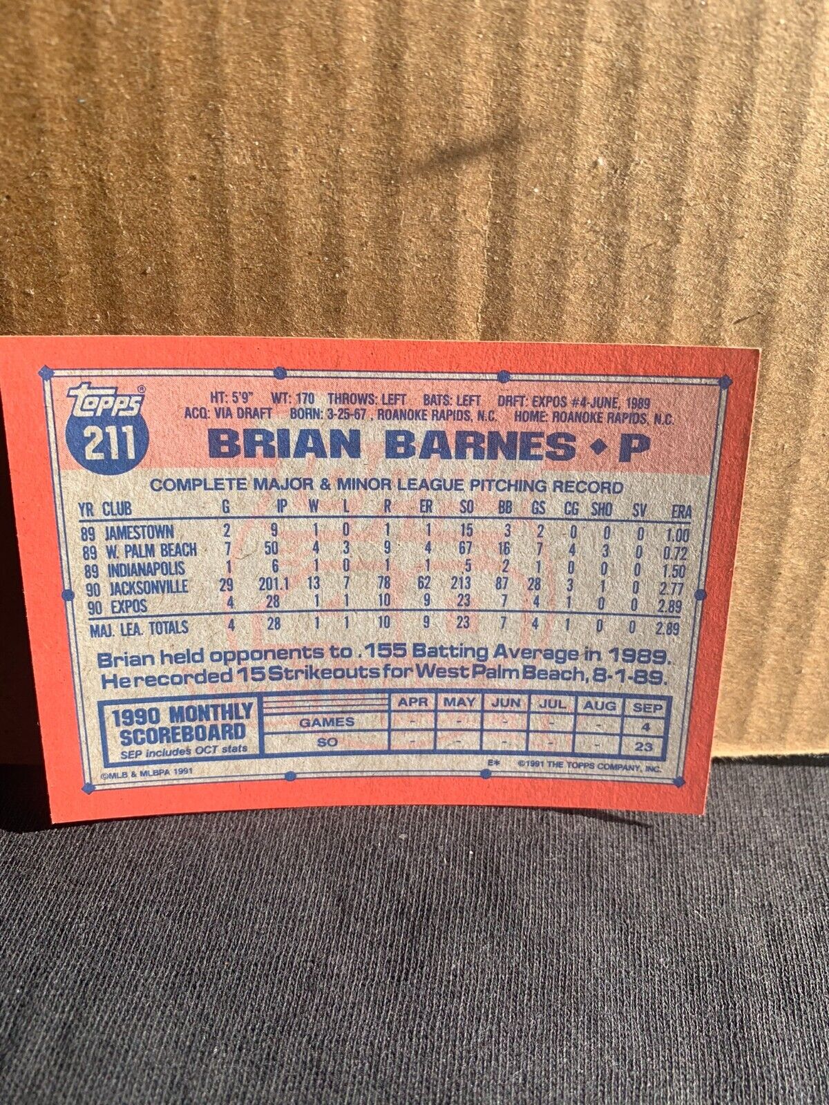 1991 Topps Baseball Card Montreal Expos Brian Barnes Future Star