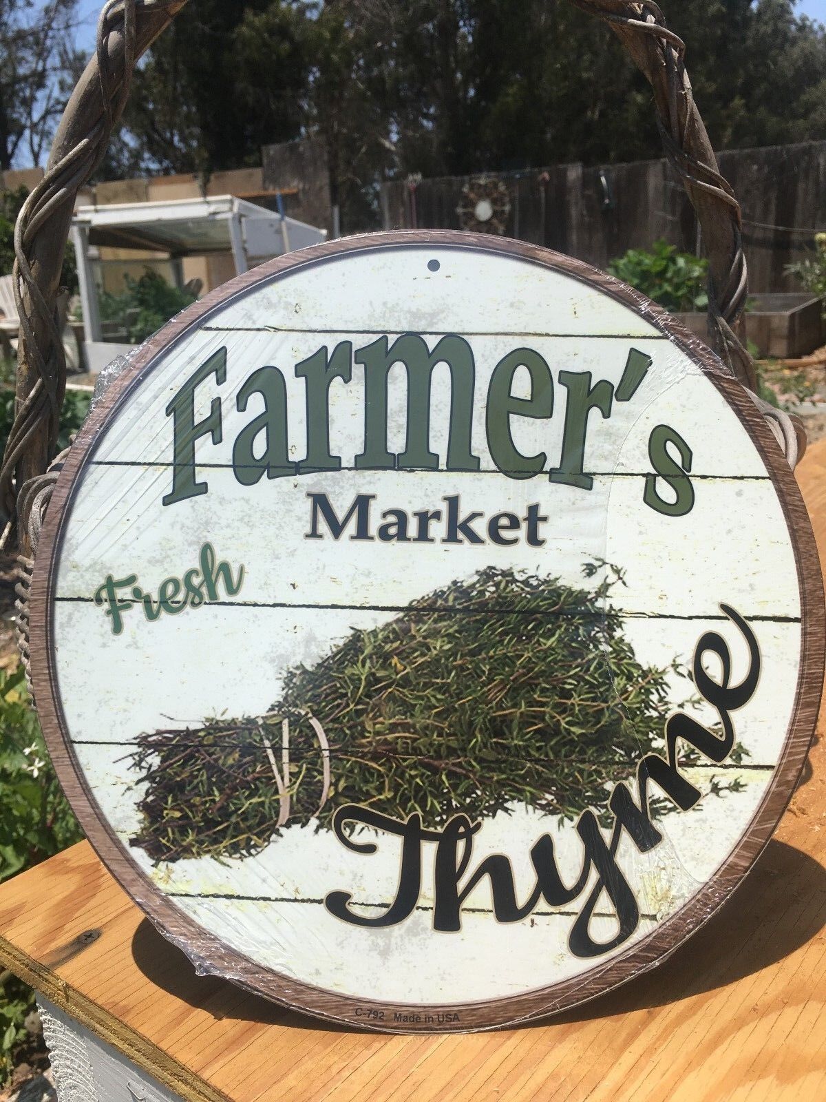 Farmers Market Fresh Thyme Round Sign Vintage Garage Bar Decor Old Rustic