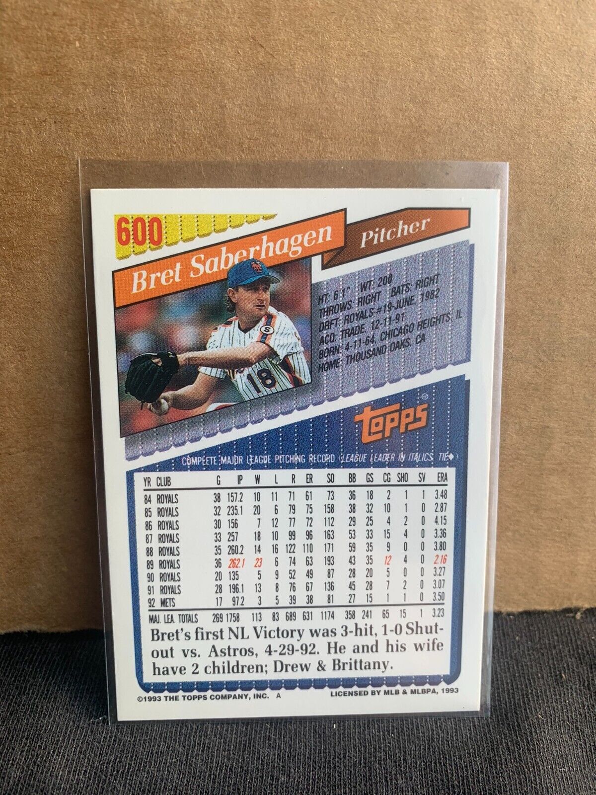 1993 Topps Baseball Card New York Mets Bret Saberhagen