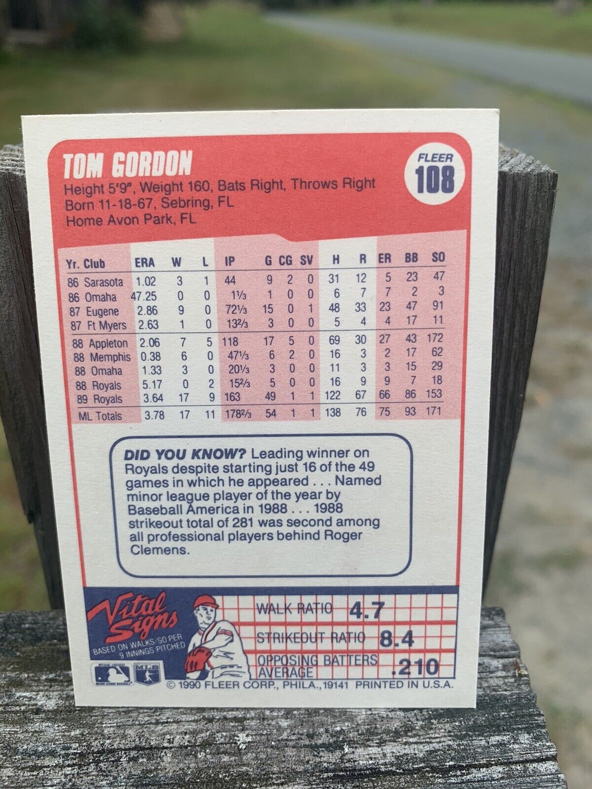 1990 Fleer Baseball Card Kansas City Royals Tom Gordon