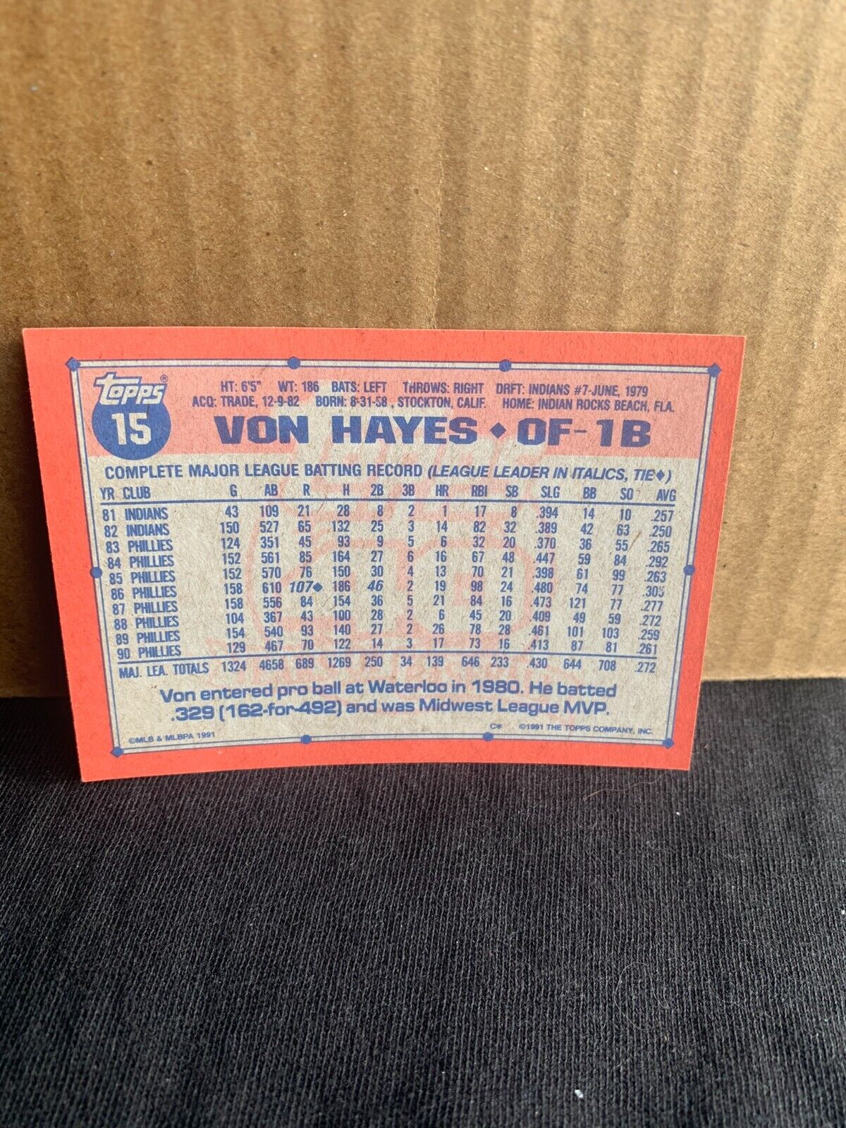 1991 Topps Baseball Card Philadelphia Phillies Von Hayes