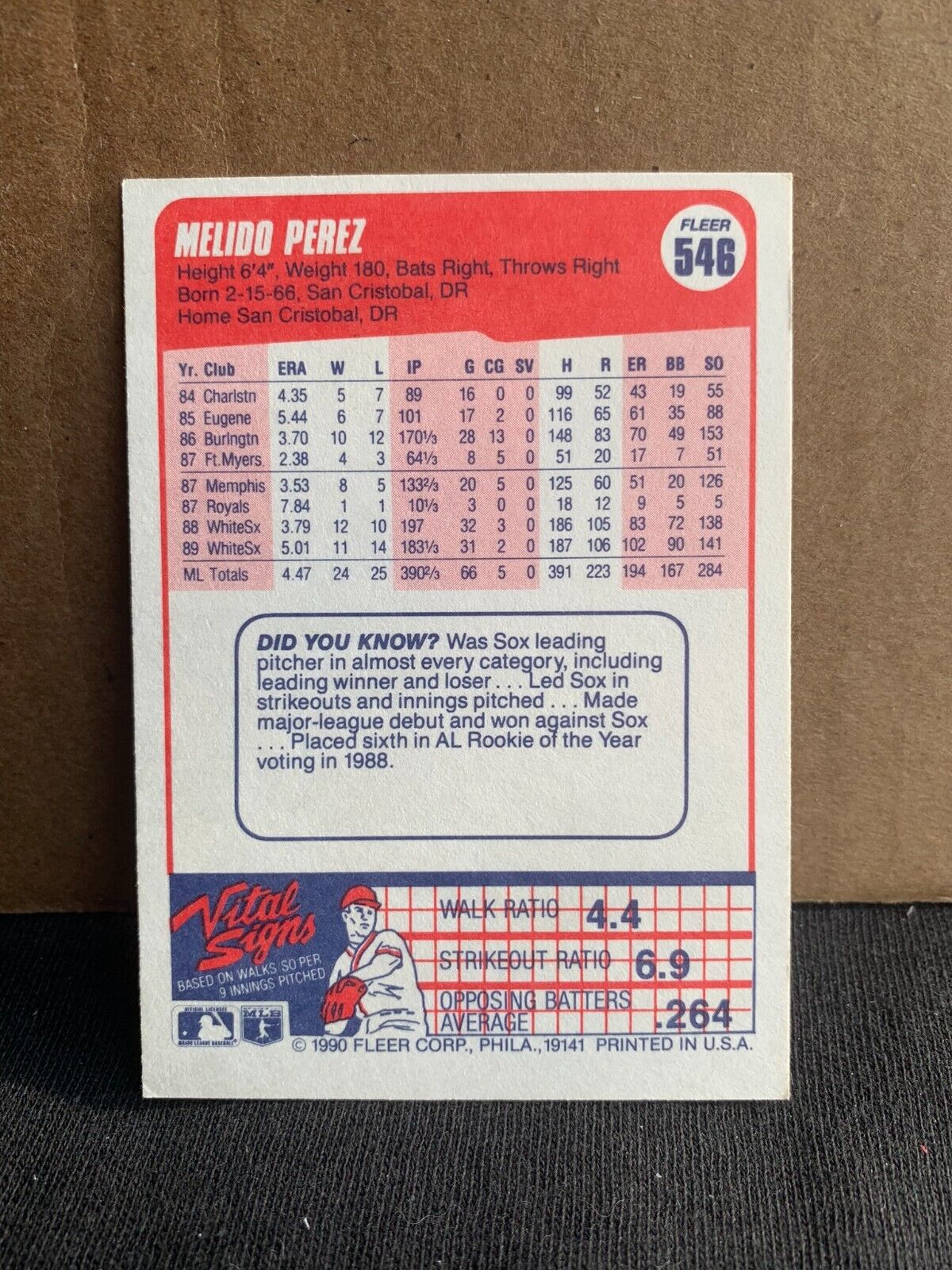 1990 Fleer Baseball Card Chicago White Sox Melido Perez