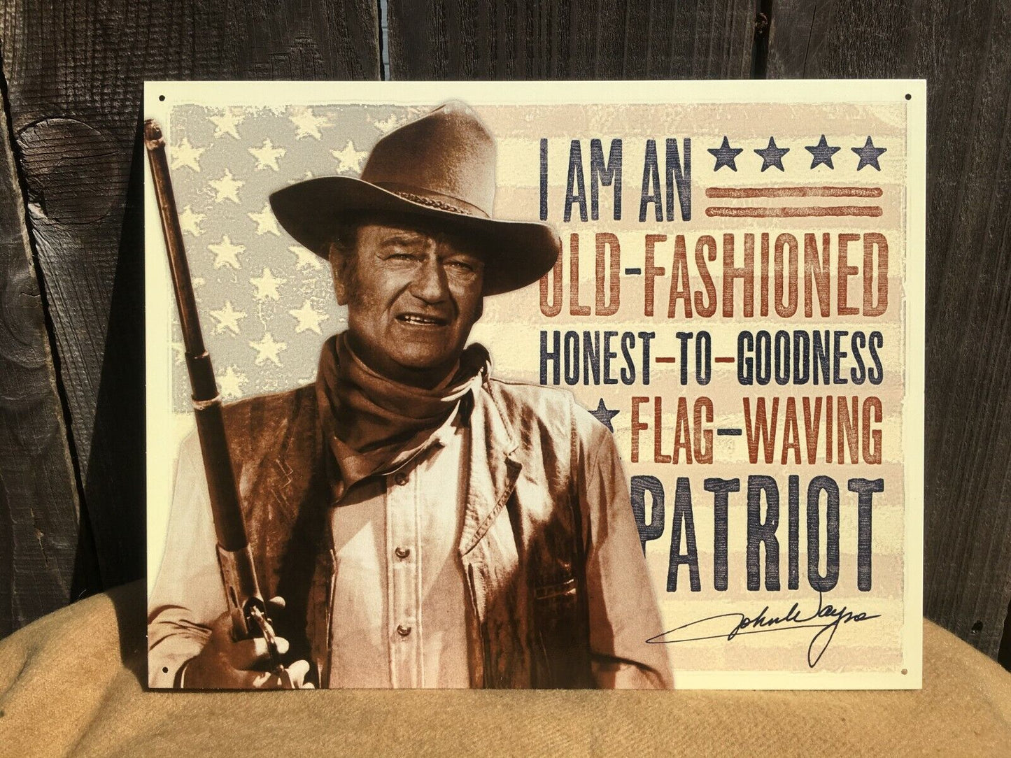 John Wayne Honest Flag Waving Patriot Sign Tin Vintage Garage Old Rustic Western