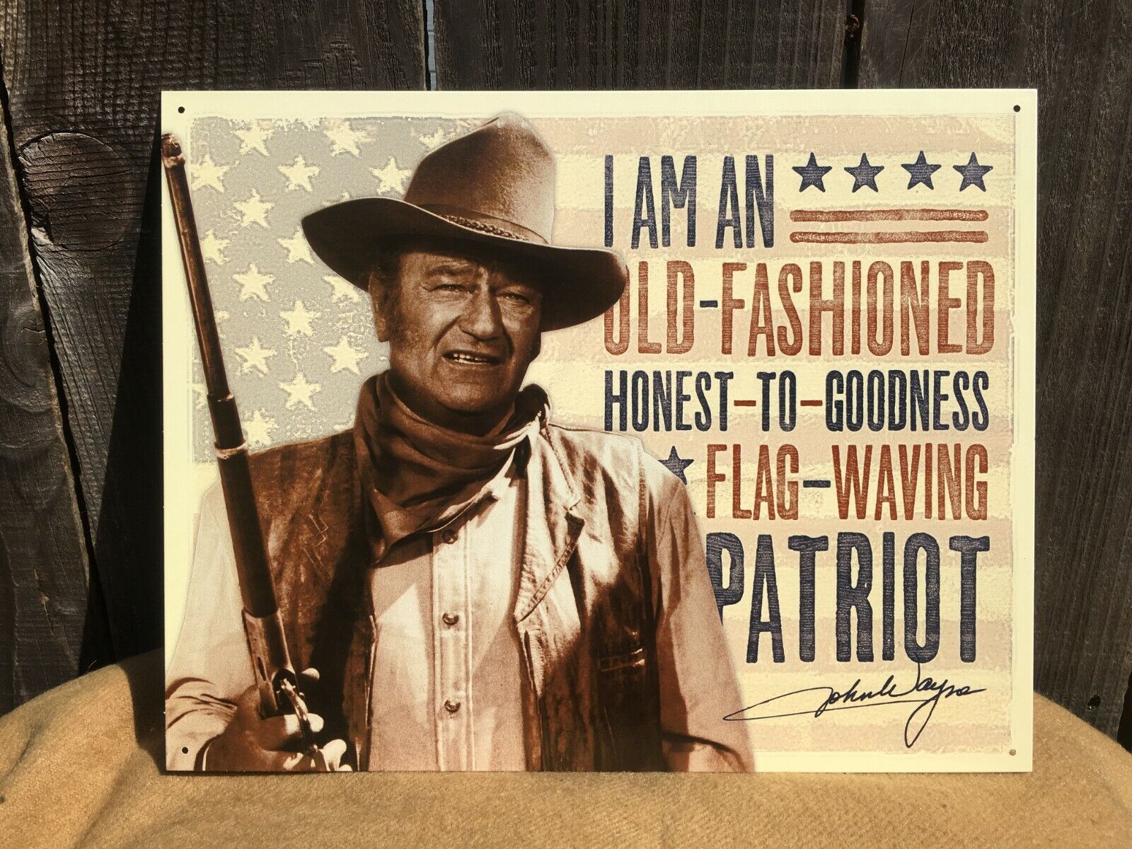 John Wayne Honest Flag Waving Patriot Sign Tin Vintage Garage Old Rustic Western