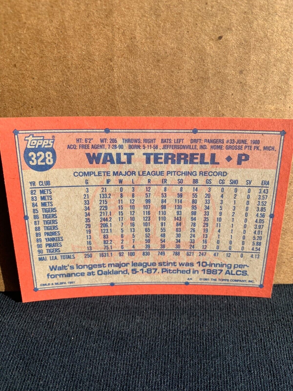 1991 Topps Baseball Card Detroit Tigers Walt Terrell