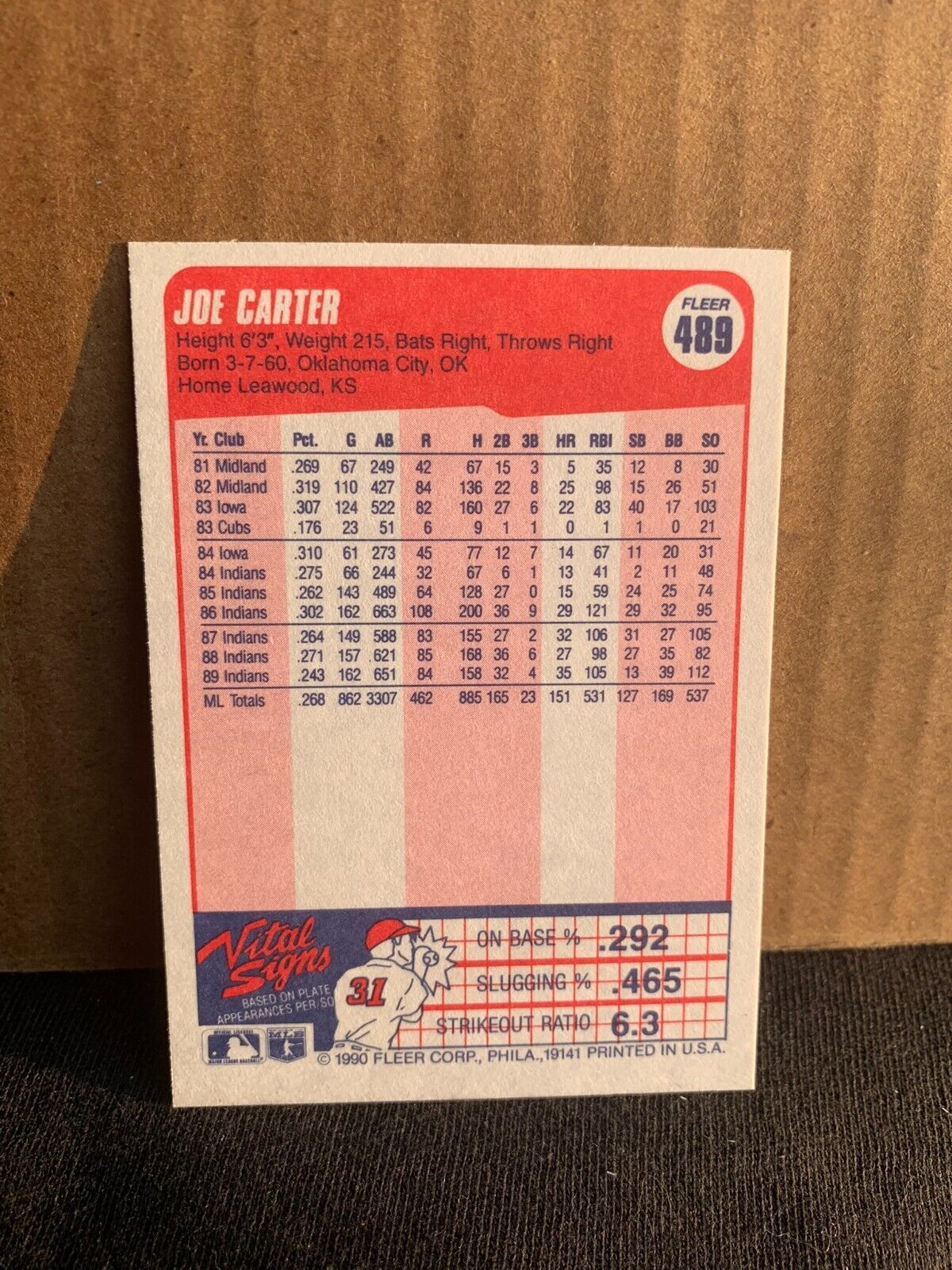 1990 Fleer Baseball Card Cleveland Indians Joe Carter