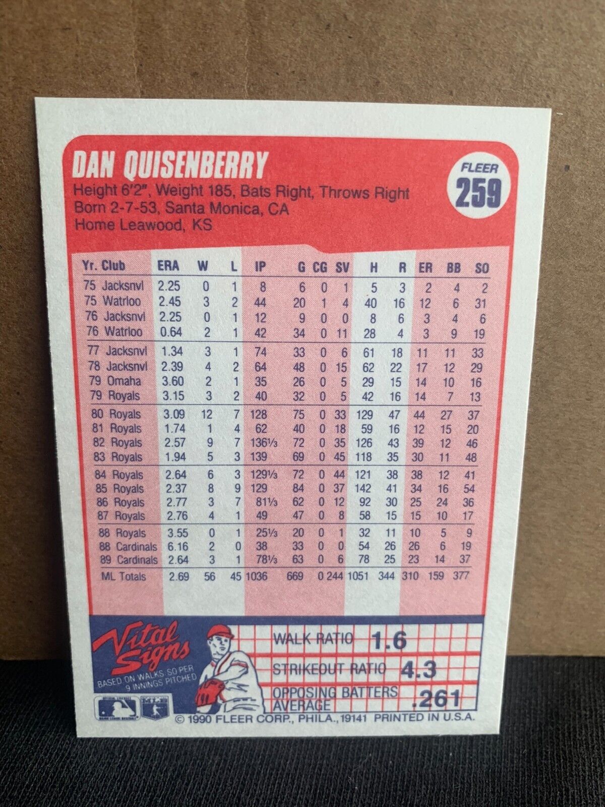 1990 Fleer Baseball Card St. Louis Cardinals Dan Quisenberry