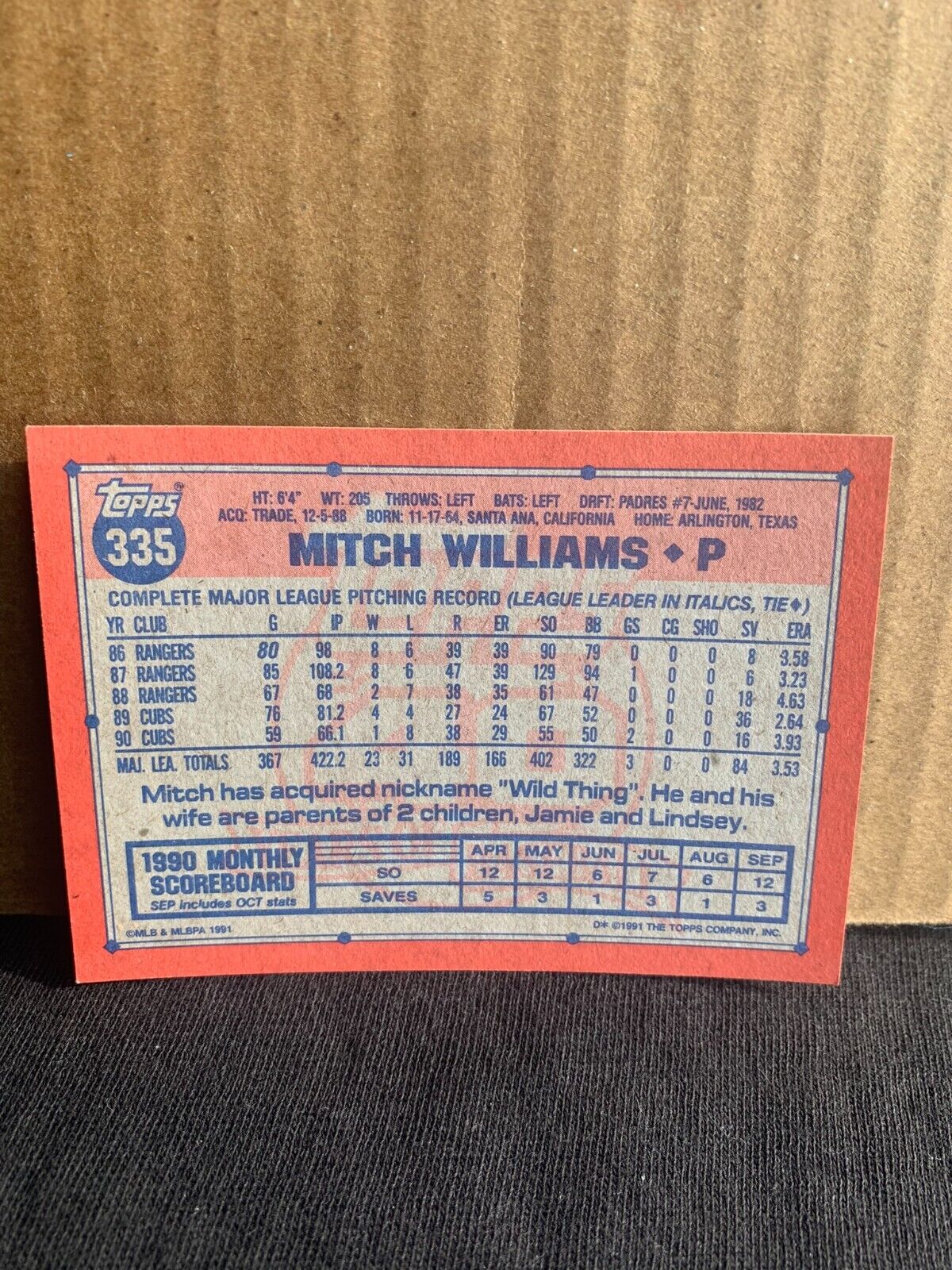 1991 Topps Baseball Card Chicago Cubs Mitch Williams