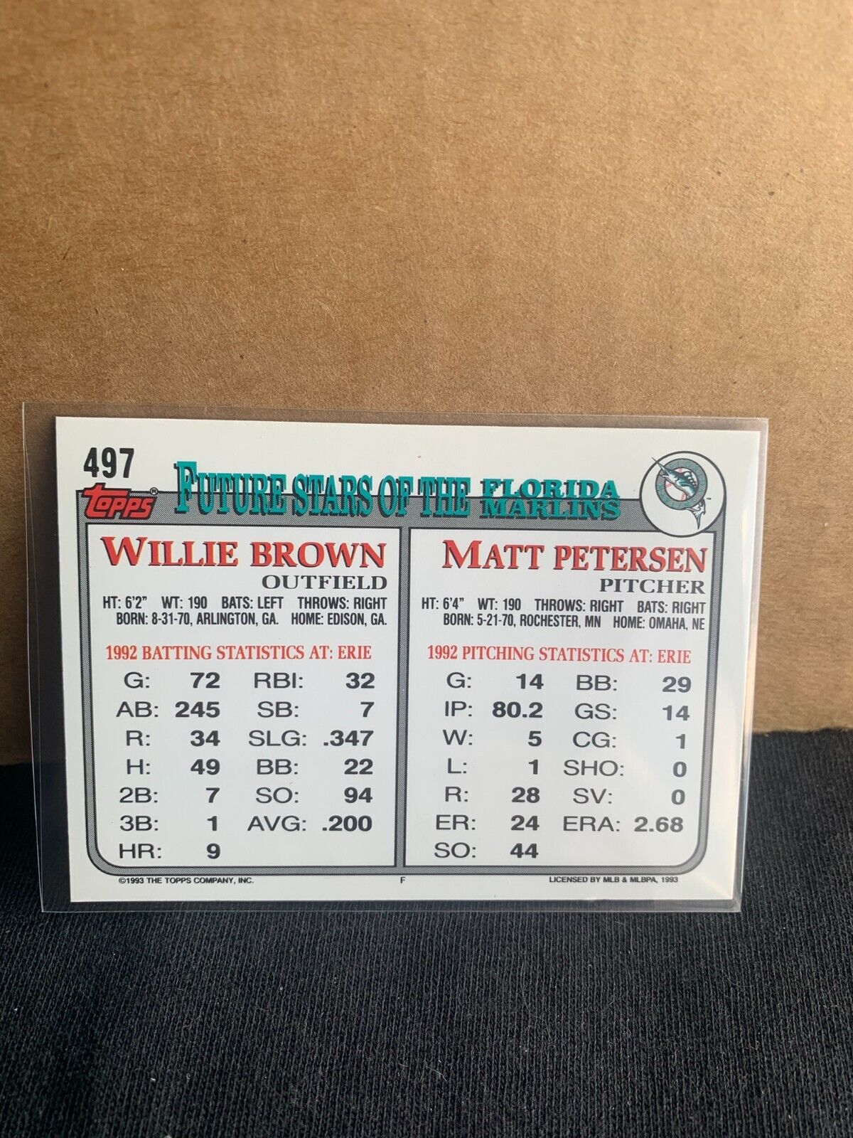 1993 Topps Gold Baseball Card Marlins Willie Brown Matt Petersen