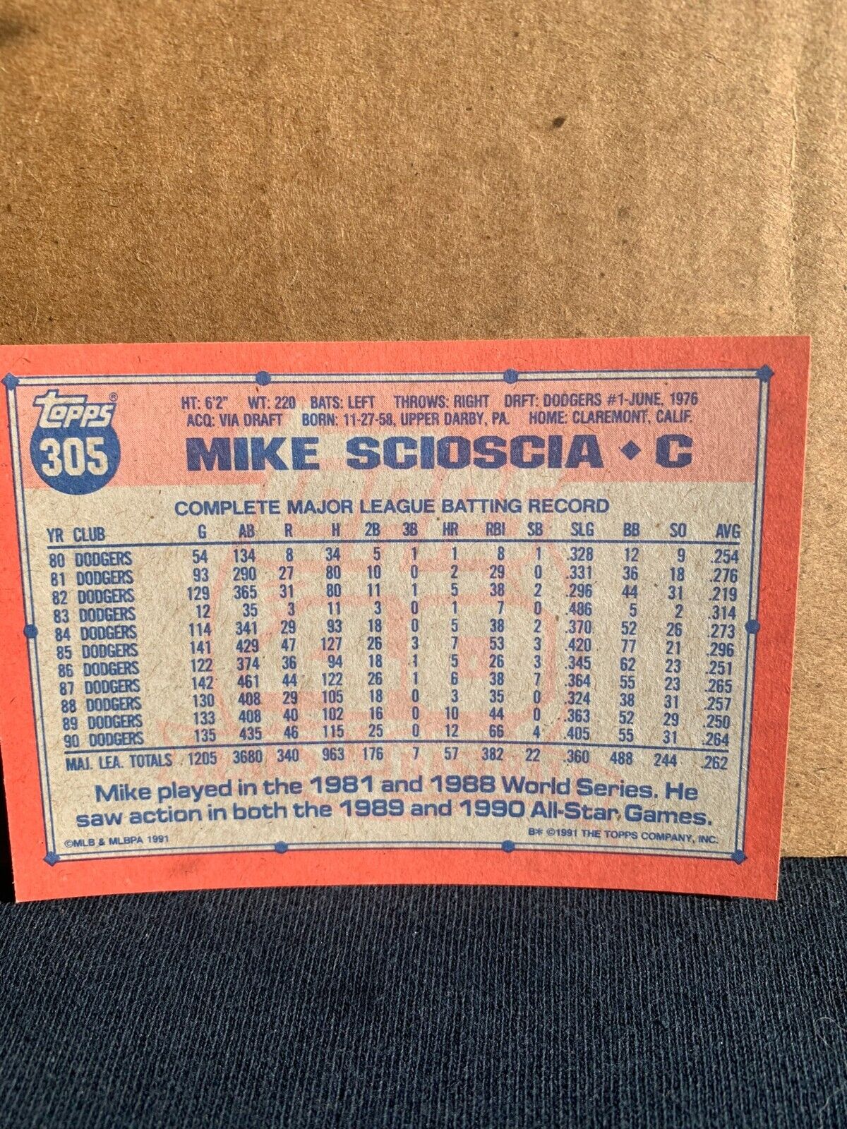 1991 Topps Baseball Card Los Angeles Dodgers Mike Scioscia