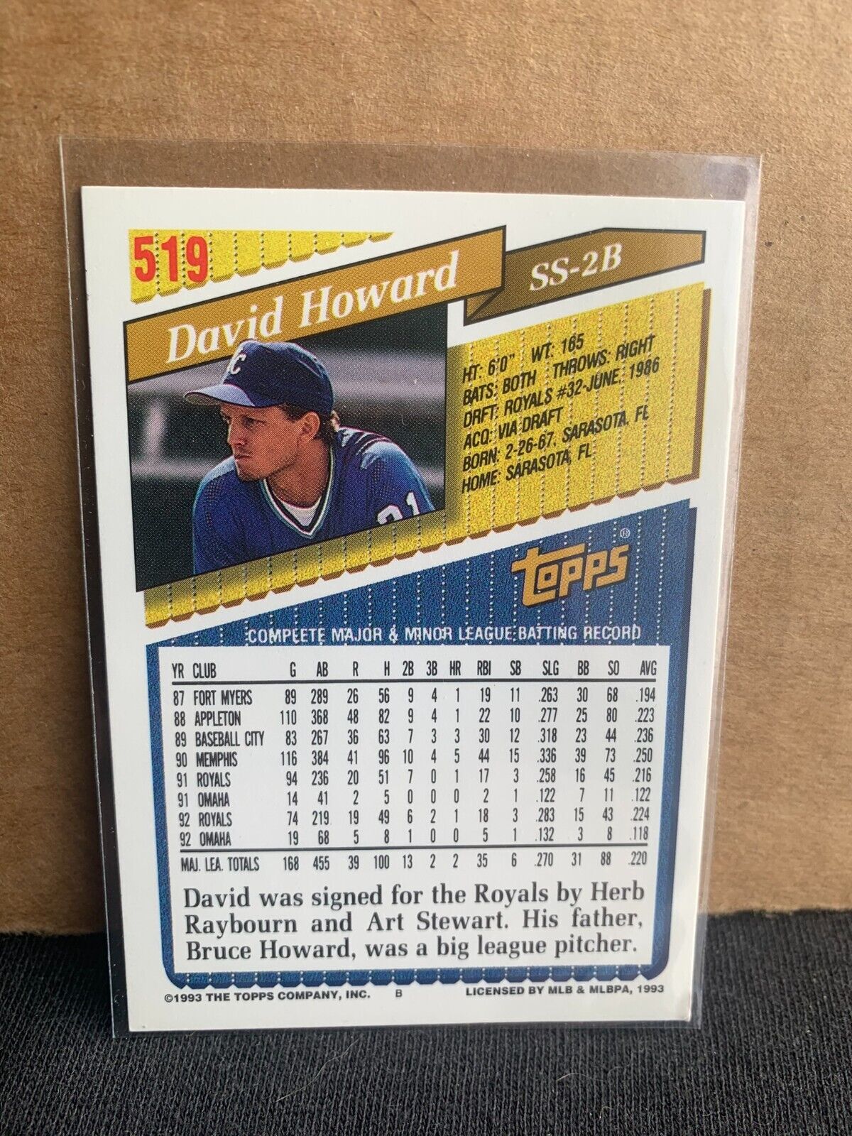 1993 Topps Baseball Card Kansas City Royals David Howard