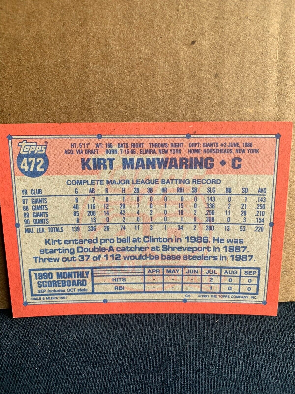 1991 Topps Baseball Card San Francisco Giants Kirt Manwaring