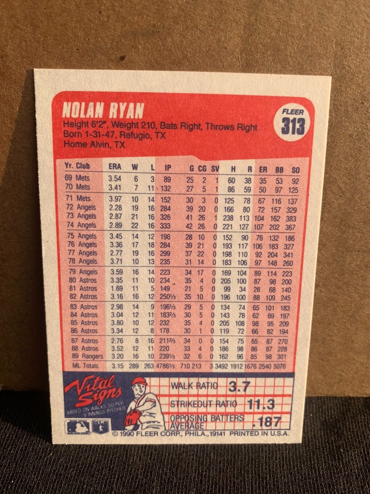 1990 Fleer Baseball Card Texas Rangers Nolan Ryan