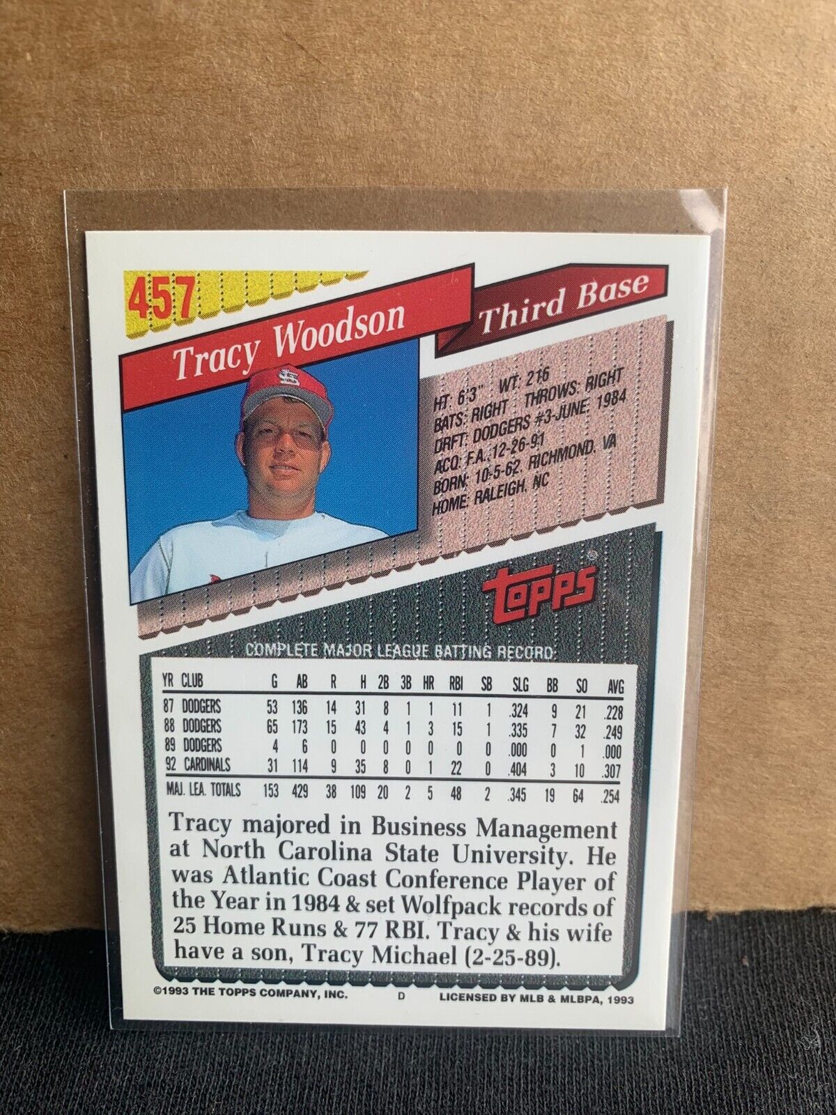 1993 Topps Baseball Card St. Louis Cardinals Tracy Woodson