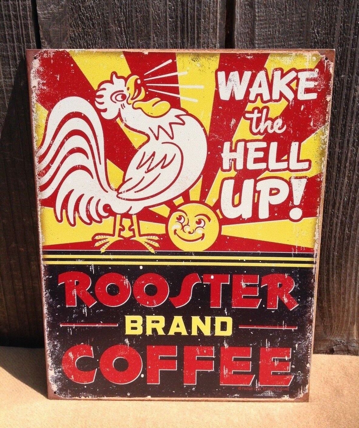 Rooster Brand Coffee Wake Hell Up Sign Tin Vintage Garage Bar Decor Old Rustic