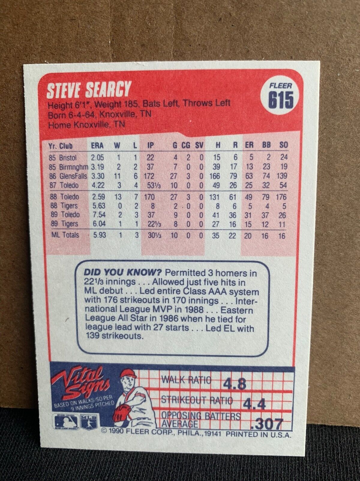 1990 Fleer Baseball Card Detroit Tigers Steve Searcy