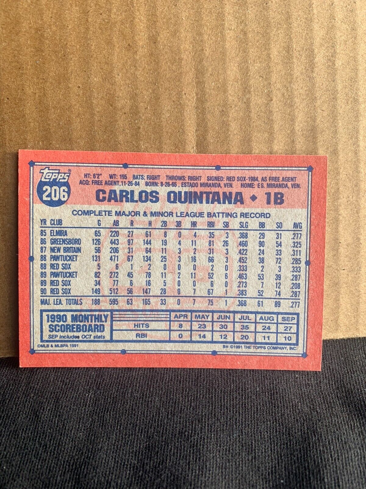 1991 Topps Baseball Card Boston Red Sox Carlos Quintana
