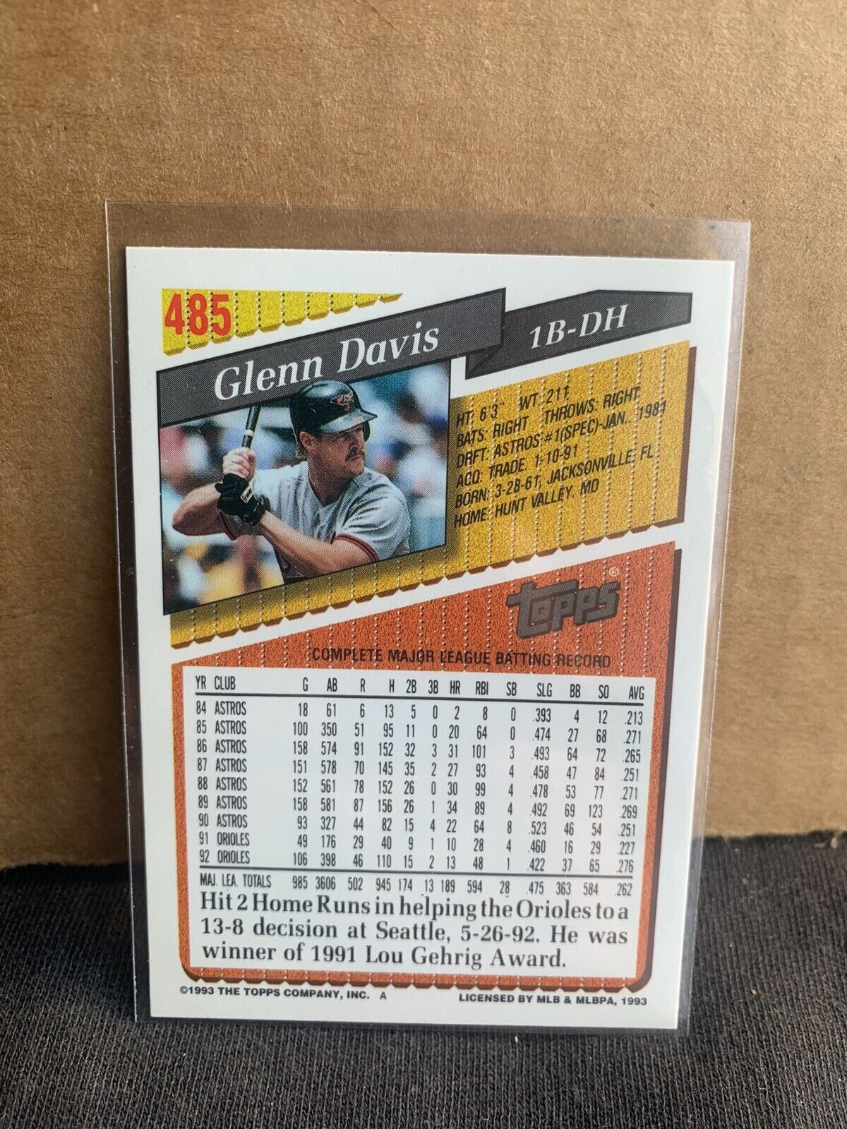 1993 Topps Baseball Card Baltimore Orioles Glenn Davis