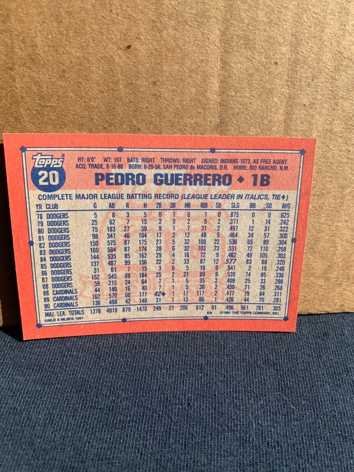 1991 Topps Baseball Card St. Louis Cardinals Pedro Guerrero