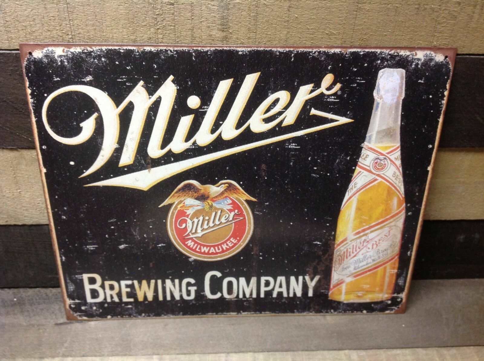 Vintage Miller Brewing Company Beer Tin Metal Sign Garage Classic Black Bottle