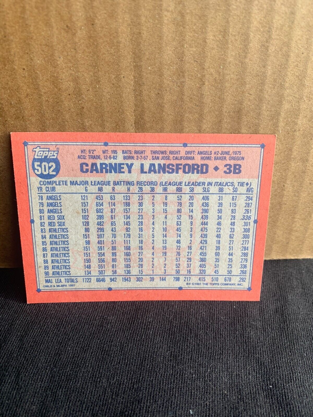 1991 Topps Baseball Card Oakland Athletics Carney Lansford