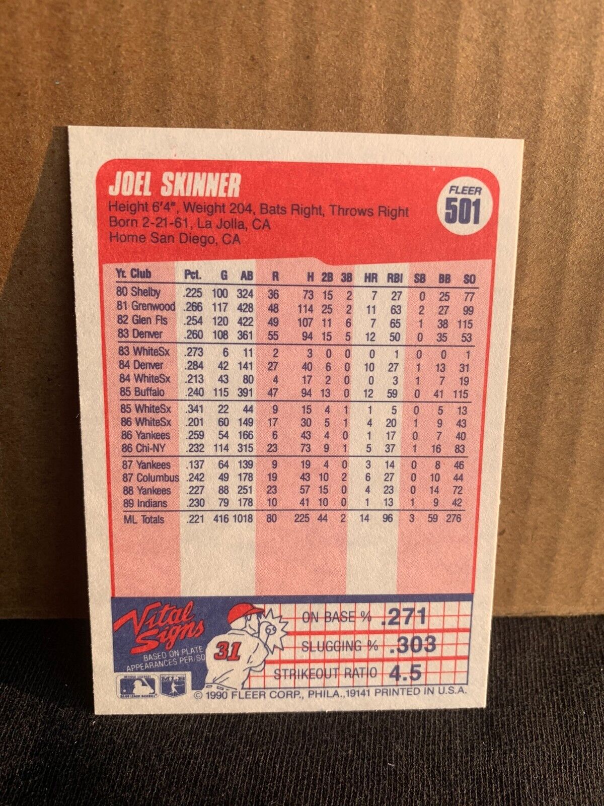 1990 Fleer Baseball Card Cleveland Indians Joel Skinner