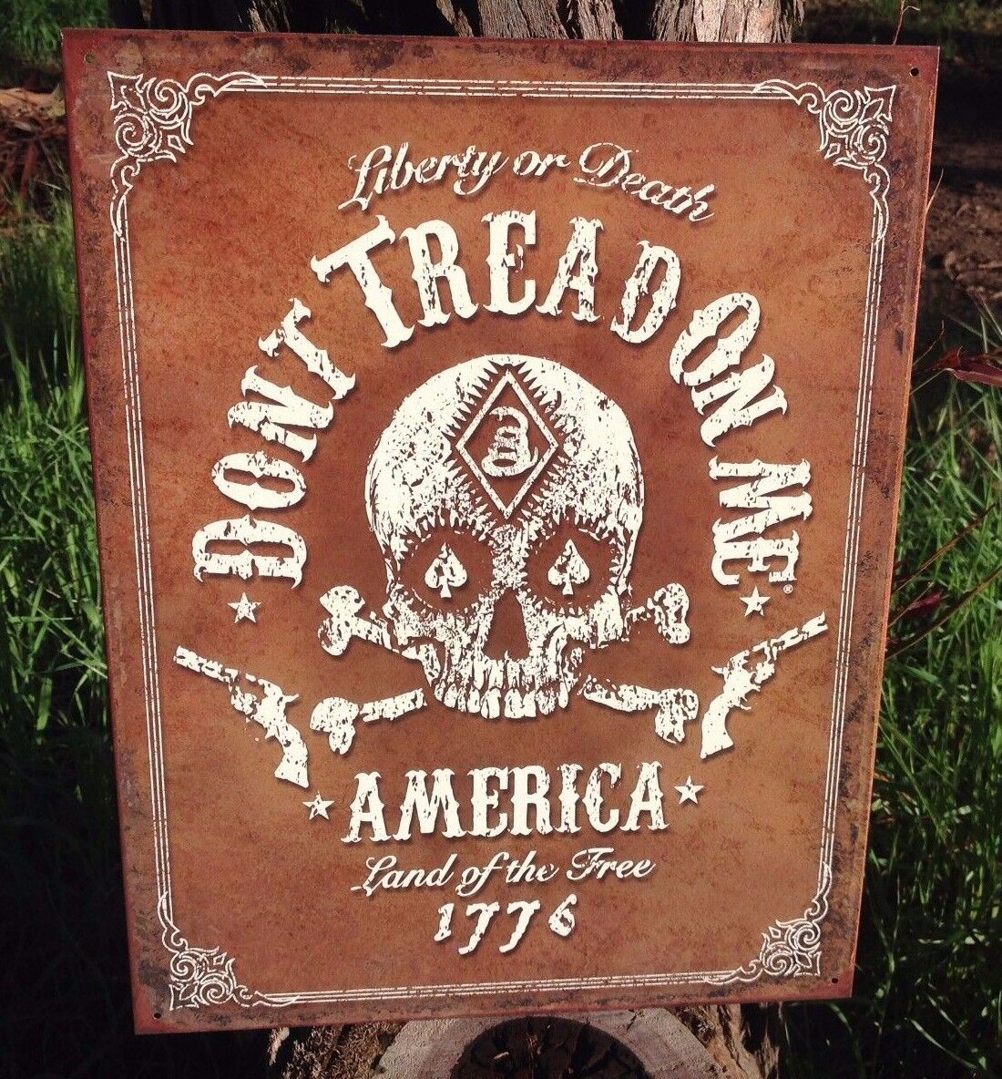 Dont Tread On Me America Skull Guns Tin Metal Sign Garage Liberty or Death