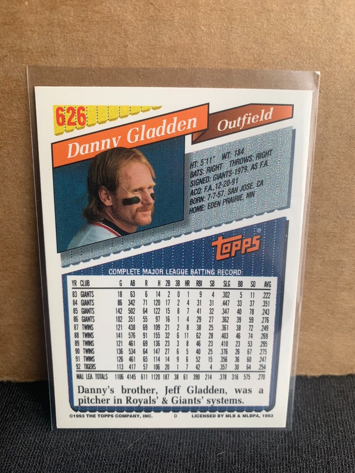 1993 Topps Baseball Card Detroit Tigers Danny Gladden