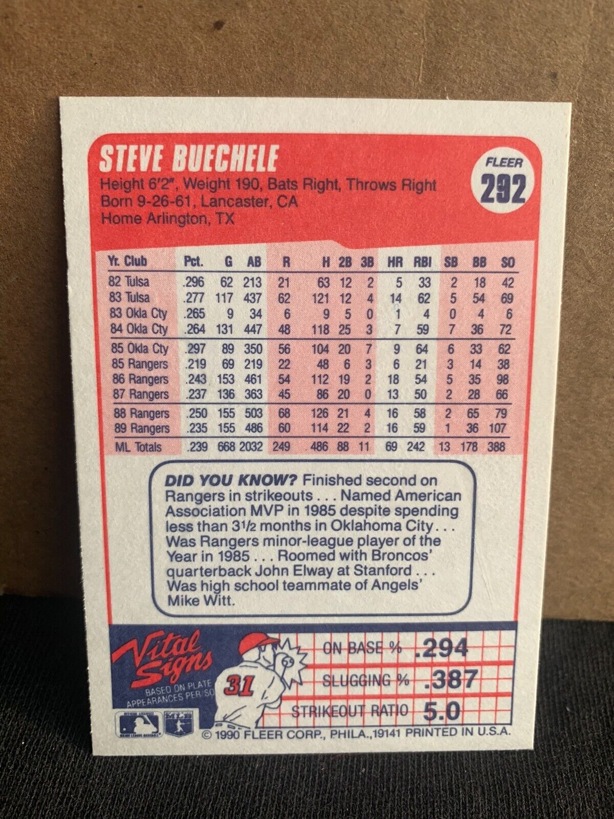1990 Fleer Baseball Card Texas Rangers Steve Buechele