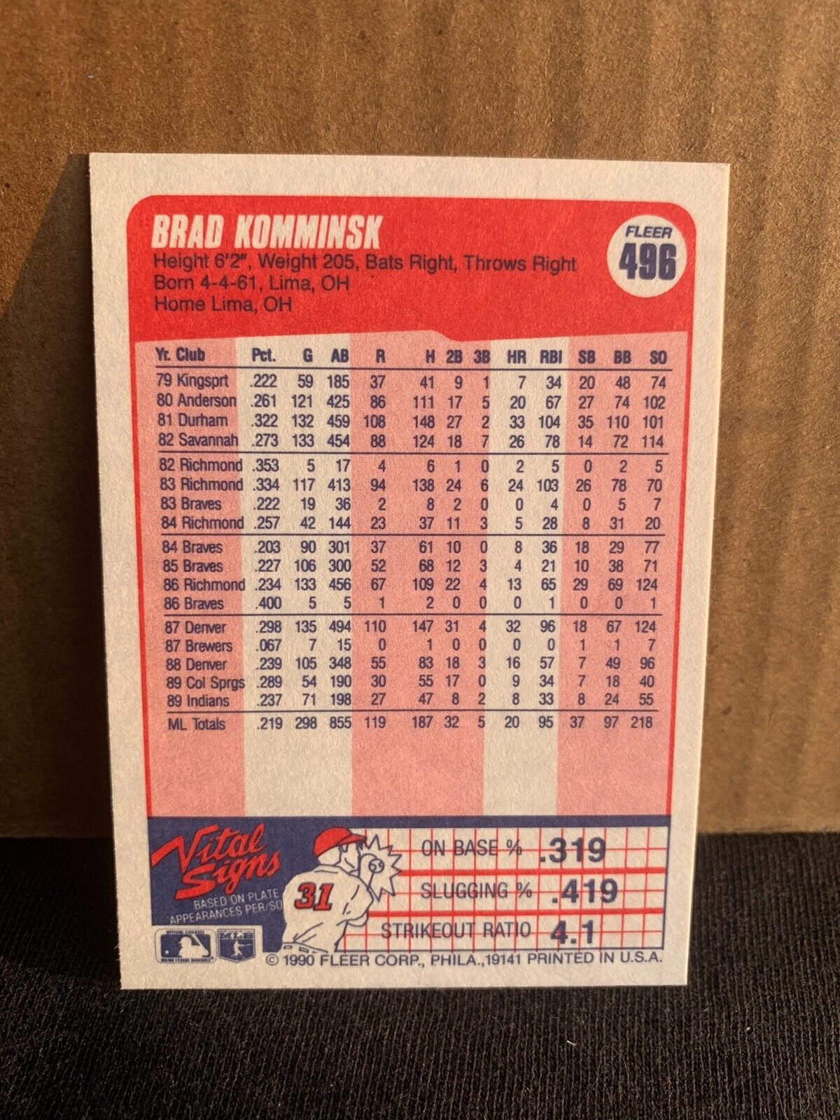 1990 Fleer Baseball Card Cleveland Indians Brad Komminsk