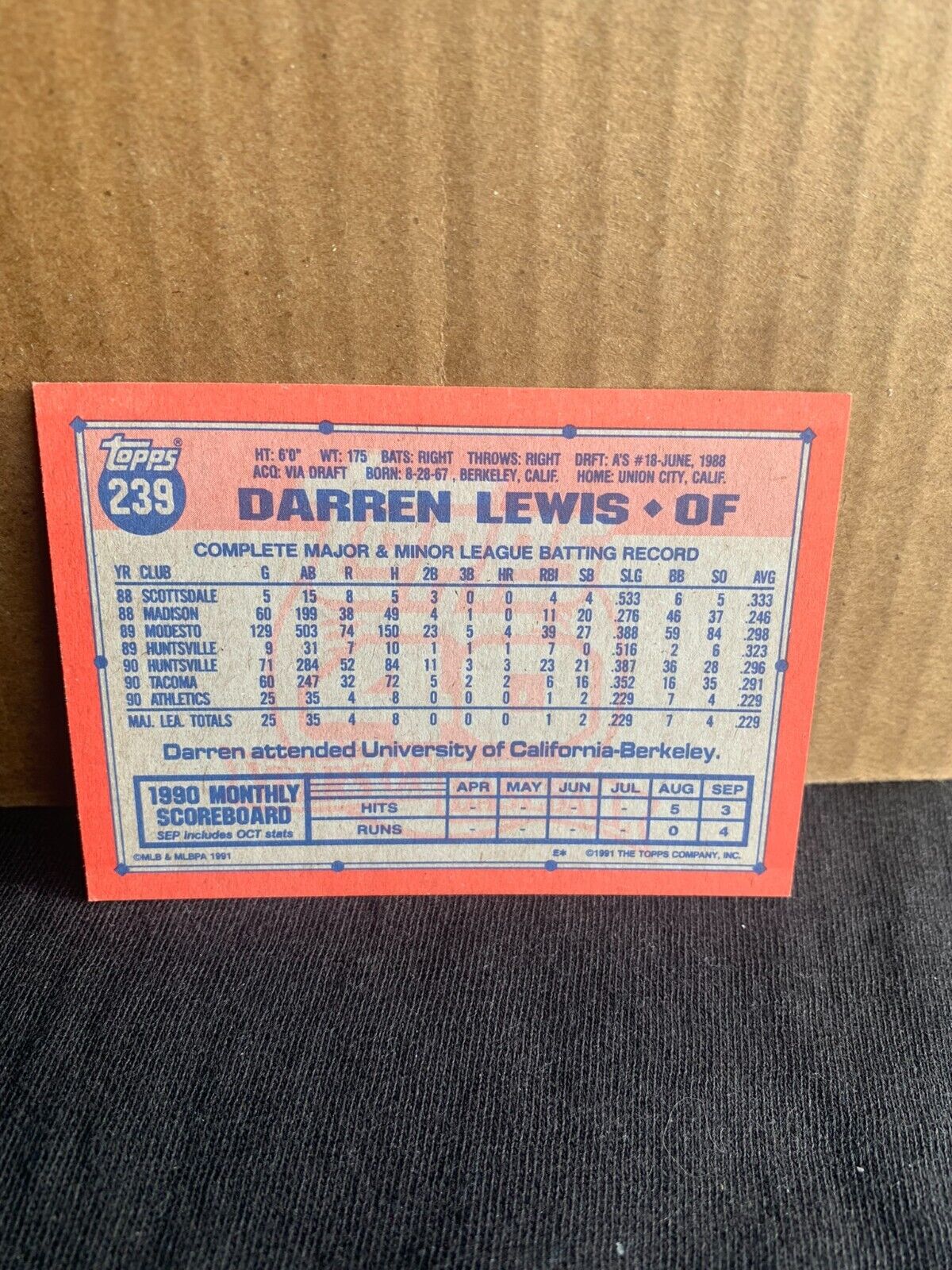 1991 Topps Baseball Card Oakland Athletics Darren Lewis