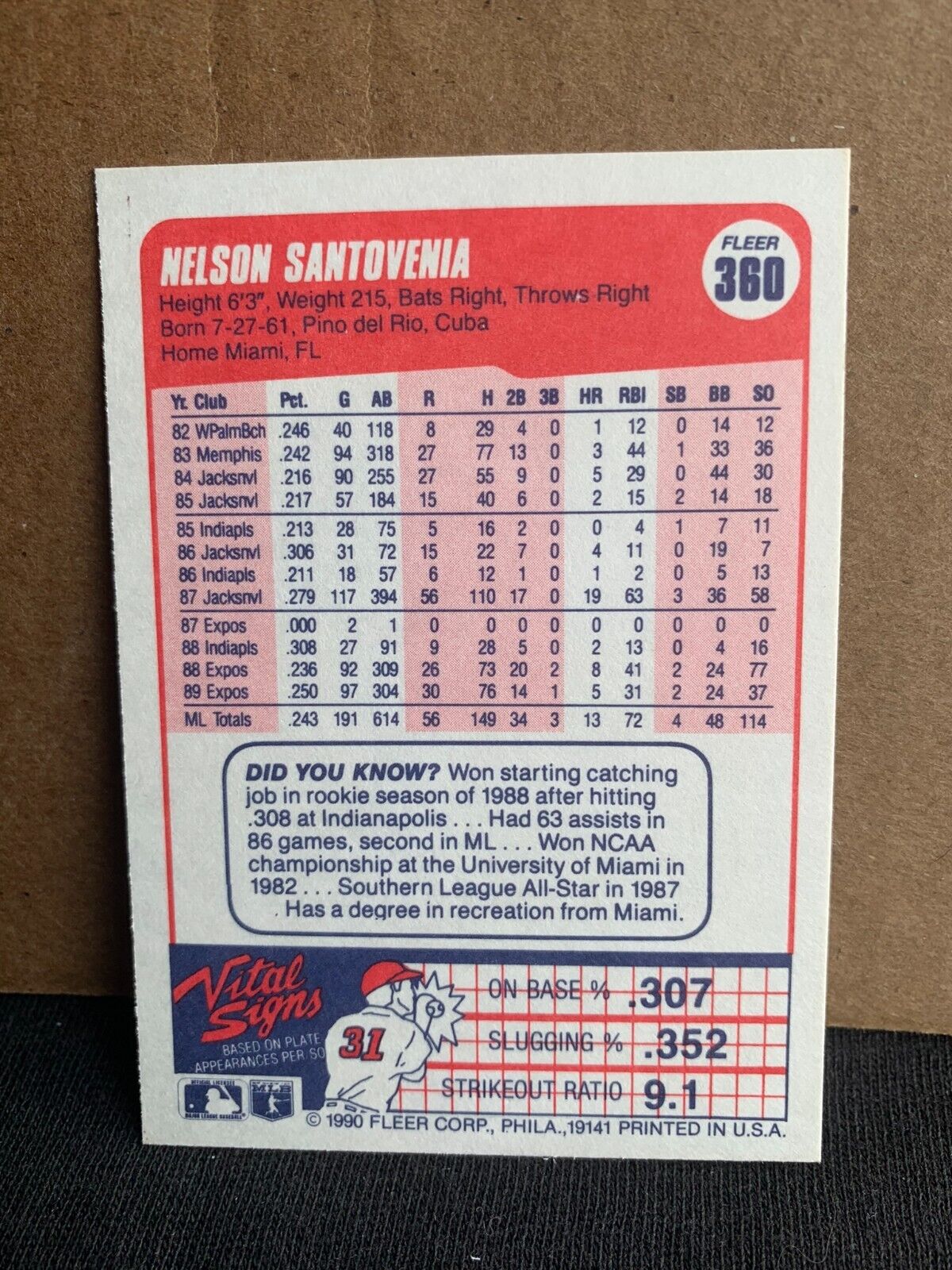 1990 Fleer Baseball Card Montreal Expos Nelson Santovenia