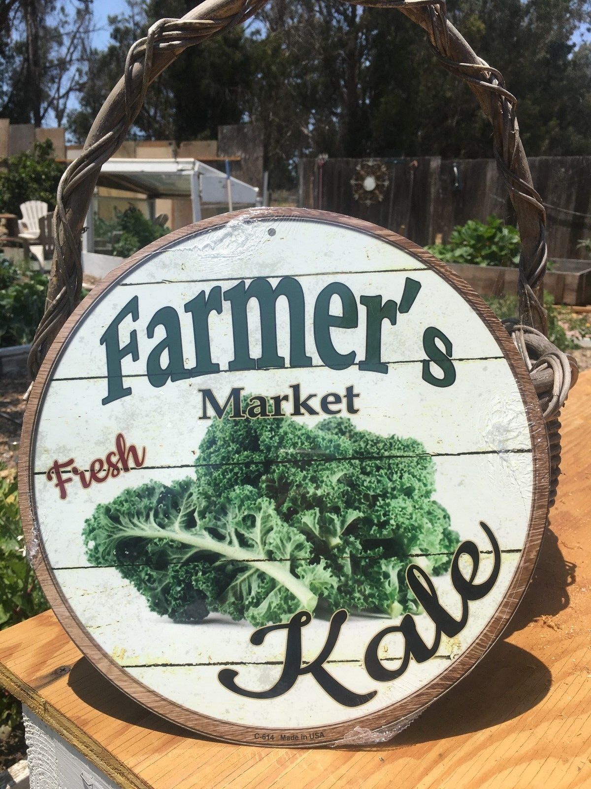 Farmers Market Fresh Kale Round Sign Tin Vintage Garage Bar Decor Old Rustic