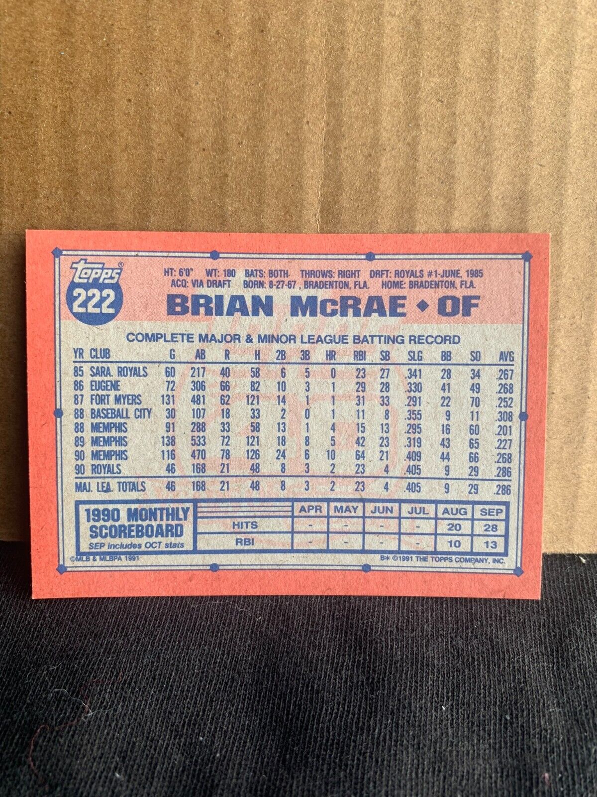 1991 Topps Baseball Card Kansas City Royals Brian McRae