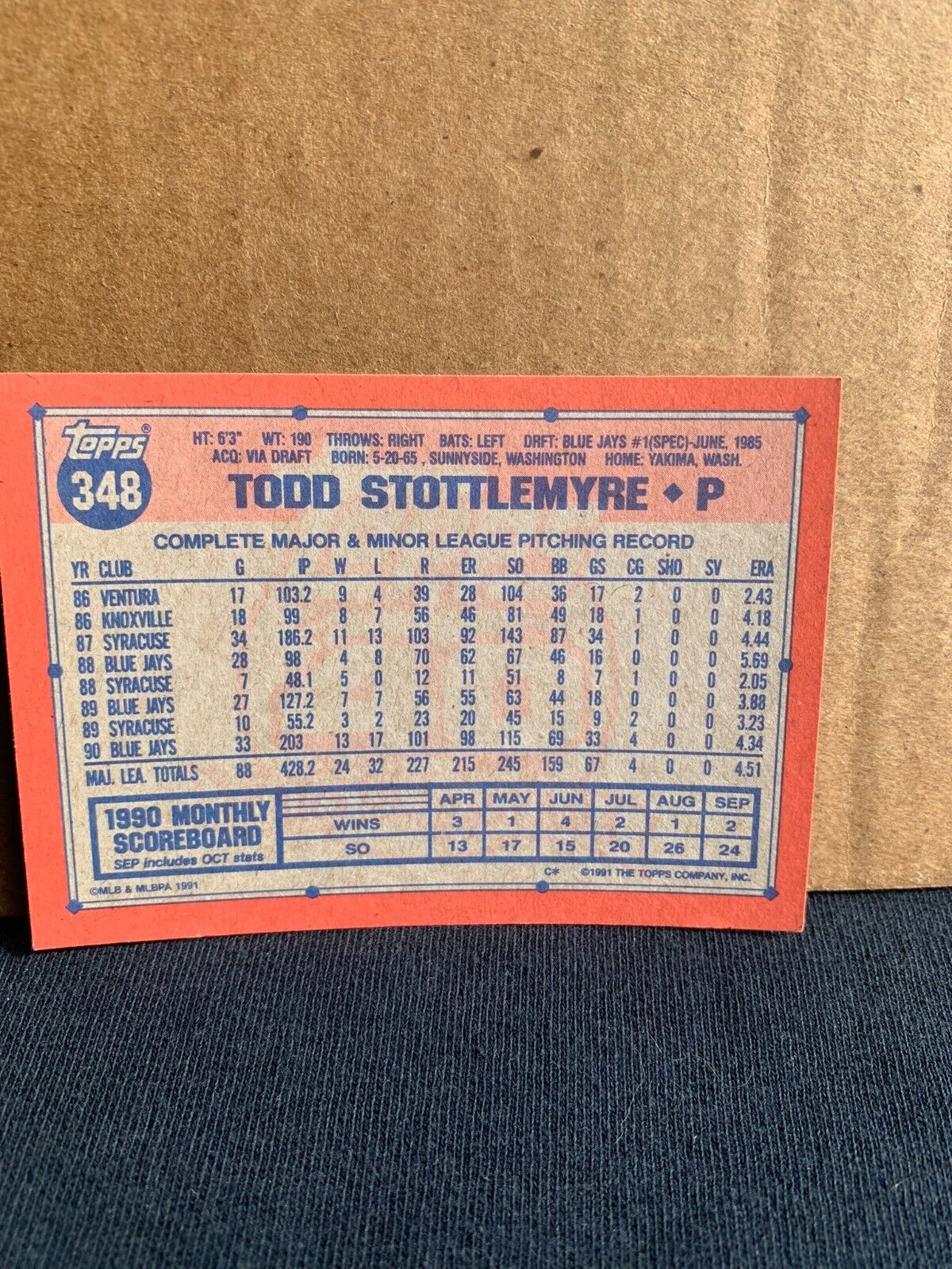 1991 Topps Baseball Card Toronto Blue Jays Todd Stottlemyre